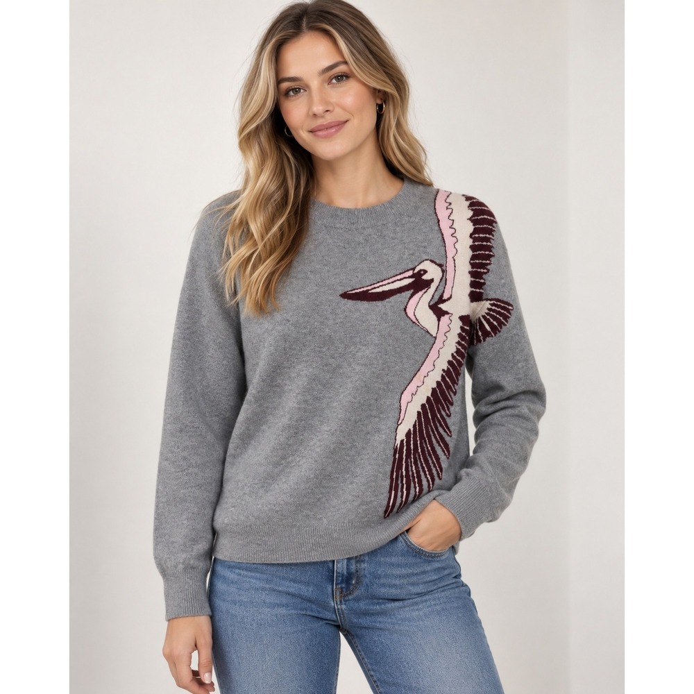 Billy Reid Pelican Intarsia Sweater Womens XS Gray Wool Cashmere Blend Coastal